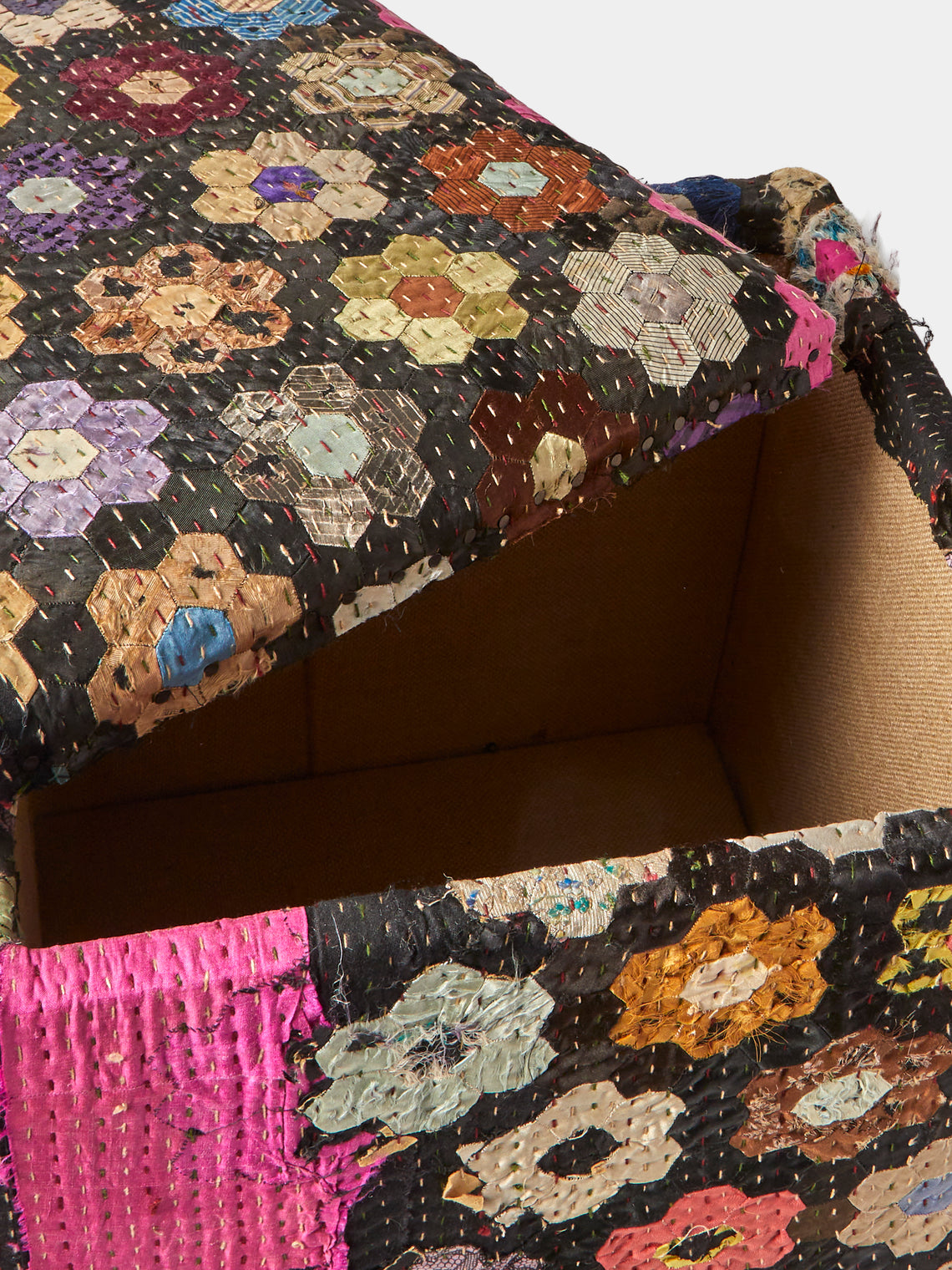 By Walid - 19th-Century Patchwork Silk and Oak Storage Stool - Multiple - ABASK