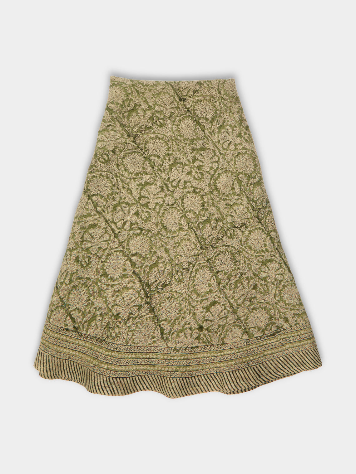 Chamois - Big Paisley Block-Printed Linen Round Tablecloth (86.5in/2.2m) - Green - ABASK - 