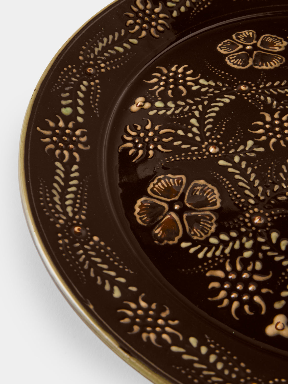 Poterie d’Évires - Flowers Hand-Painted Ceramic Round Platter - Dark Brown - ABASK