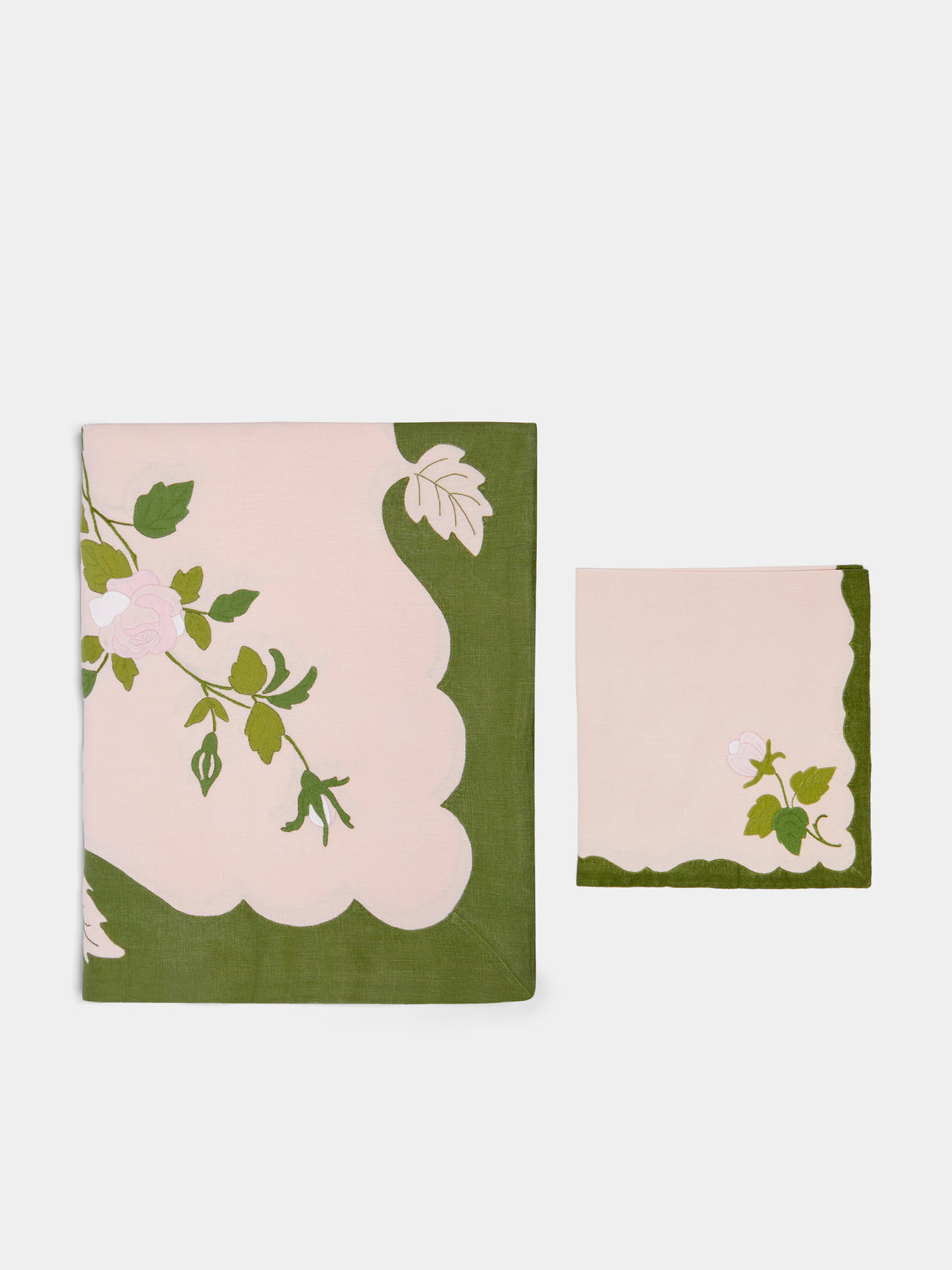 Taf Firenze - Rose Hand-Embroidered Linen Tablecloth and Napkins (Set of 6) -  - ABASK - 