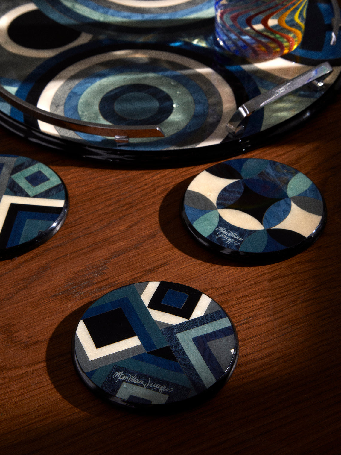 Mastellone Giuseppe - Wood Inlay Coasters (Set of 6) - Blue - ABASK