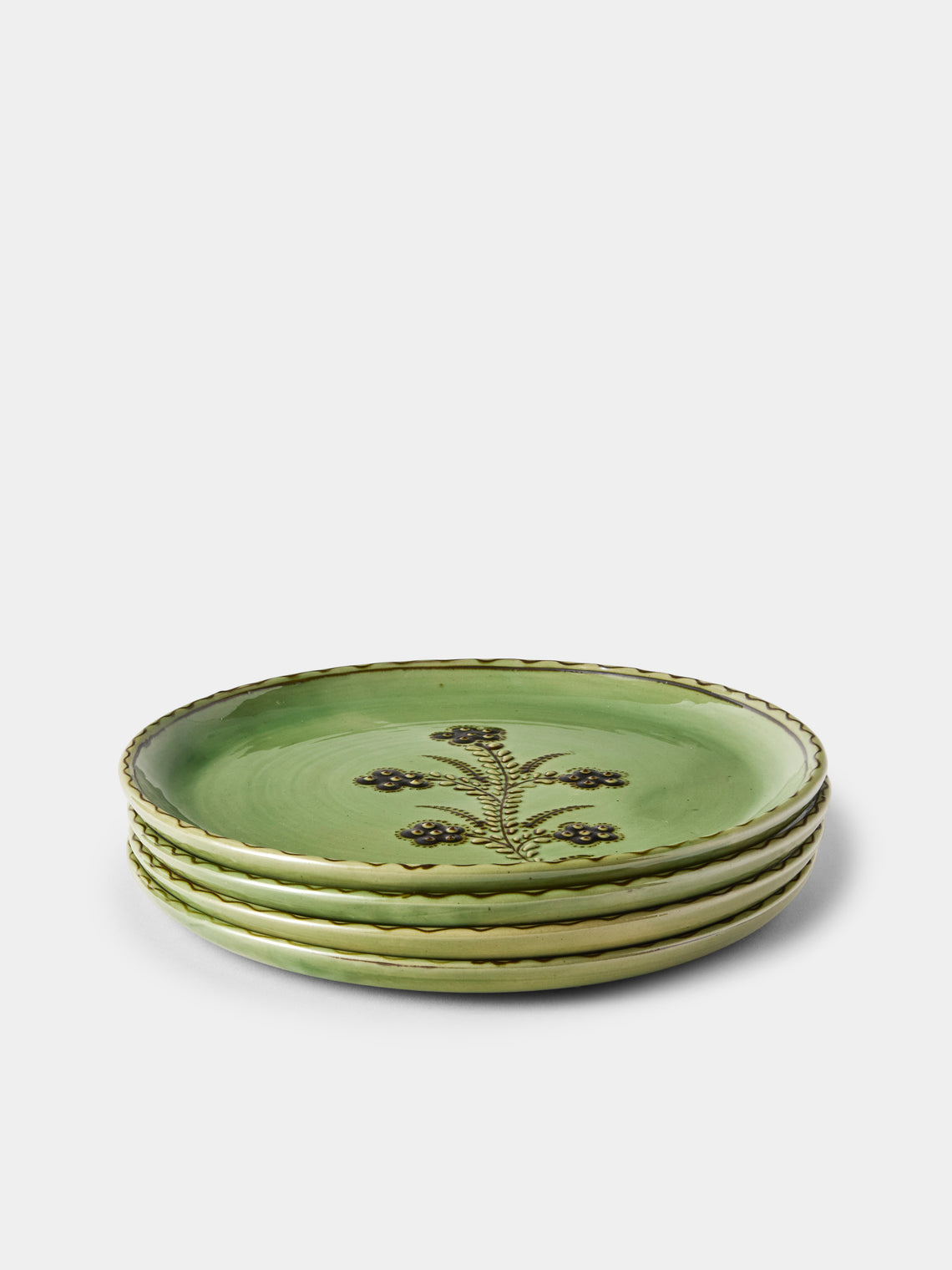 Poterie d’Évires - Flowers Hand-Painted Ceramic Dinner Plates – 9.5in/24cm (Set of 4) - Green - ABASK