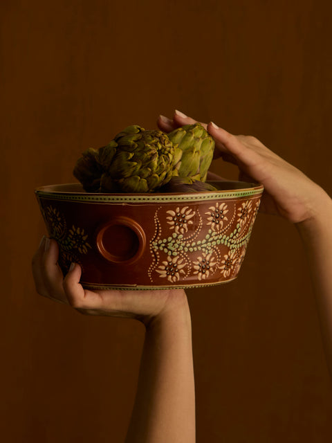 Poterie d’Évires - Flowers Hand-Painted Ceramic Large Handled Serving Bowl -  - ABASK