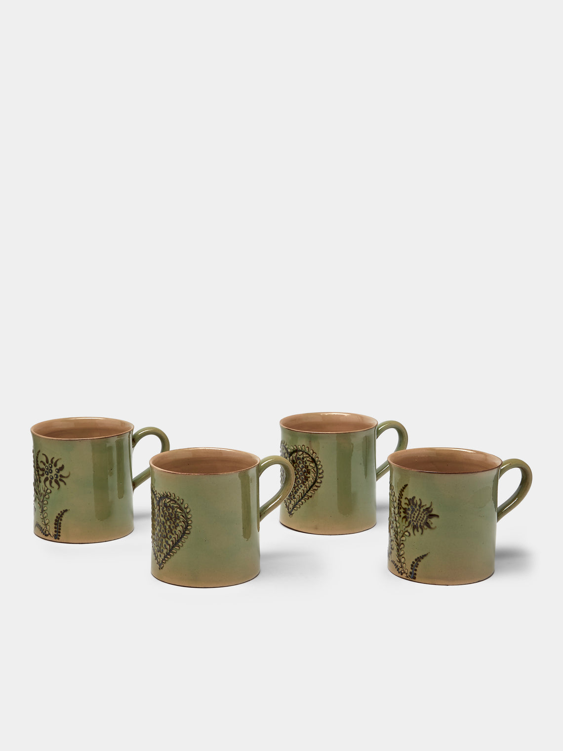 Poterie d’Évires - Flowers and Hearts Hand-Painted Ceramic Mugs (Set of 4) - Green - ABASK