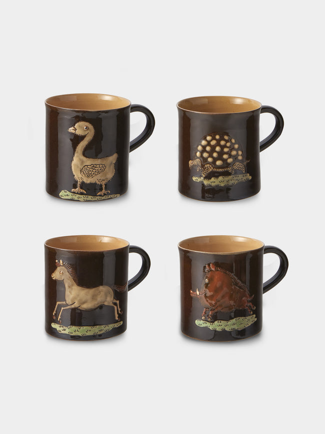 Poterie d’Évires - Animals Hand-Painted Ceramic Mugs (Set of 4) - Dark Brown - ABASK - 