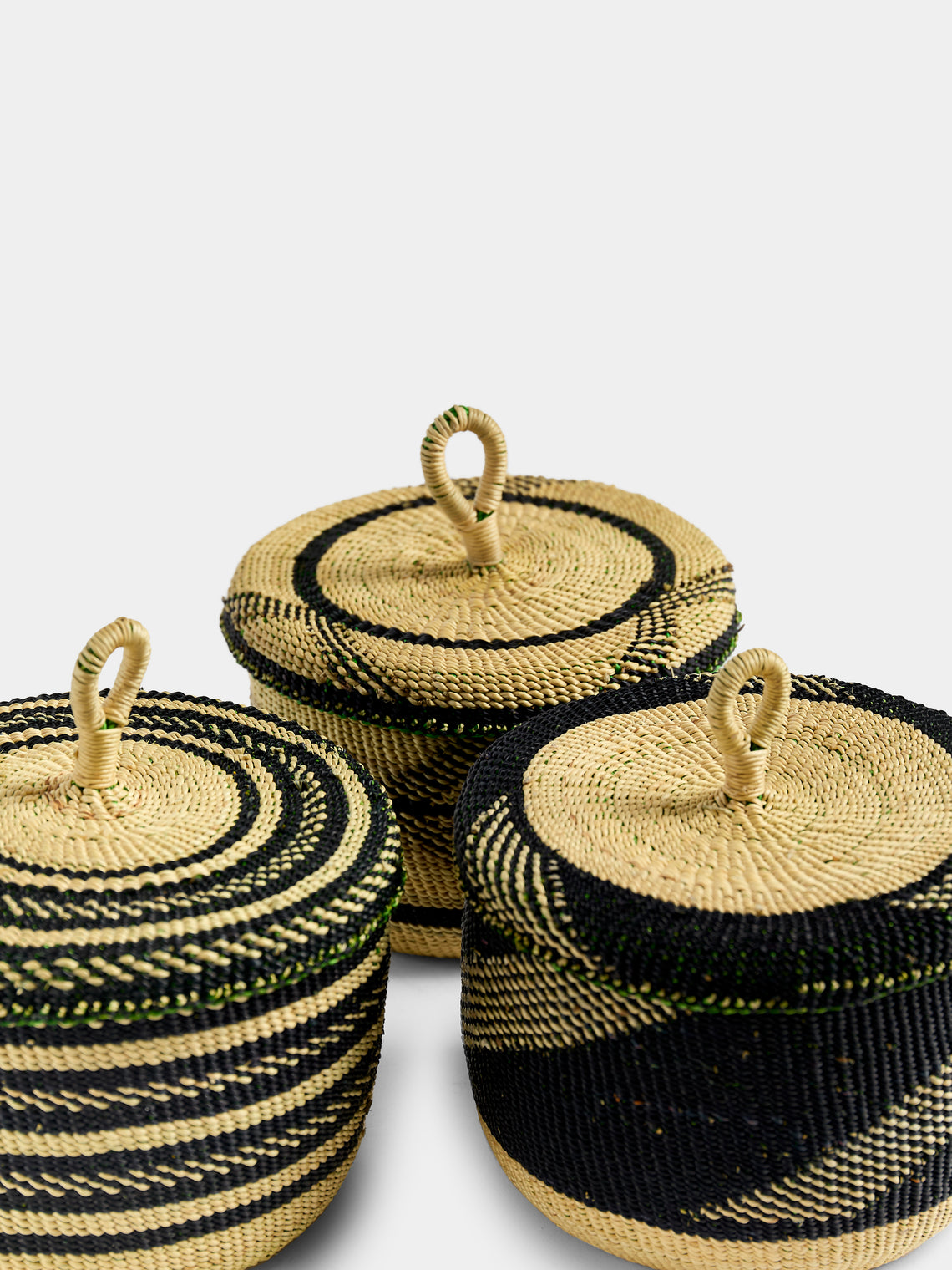 Baba Tree - Banasco Handwoven Elephant Grass Lidded Storage Baskets (Set of 3) - Natural - ABASK
