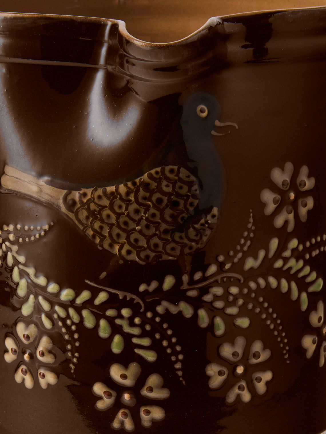 Poterie d’Évires - Birds Hand-Painted Ceramic Straight-Edge Medium Jug - Dark Brown - ABASK