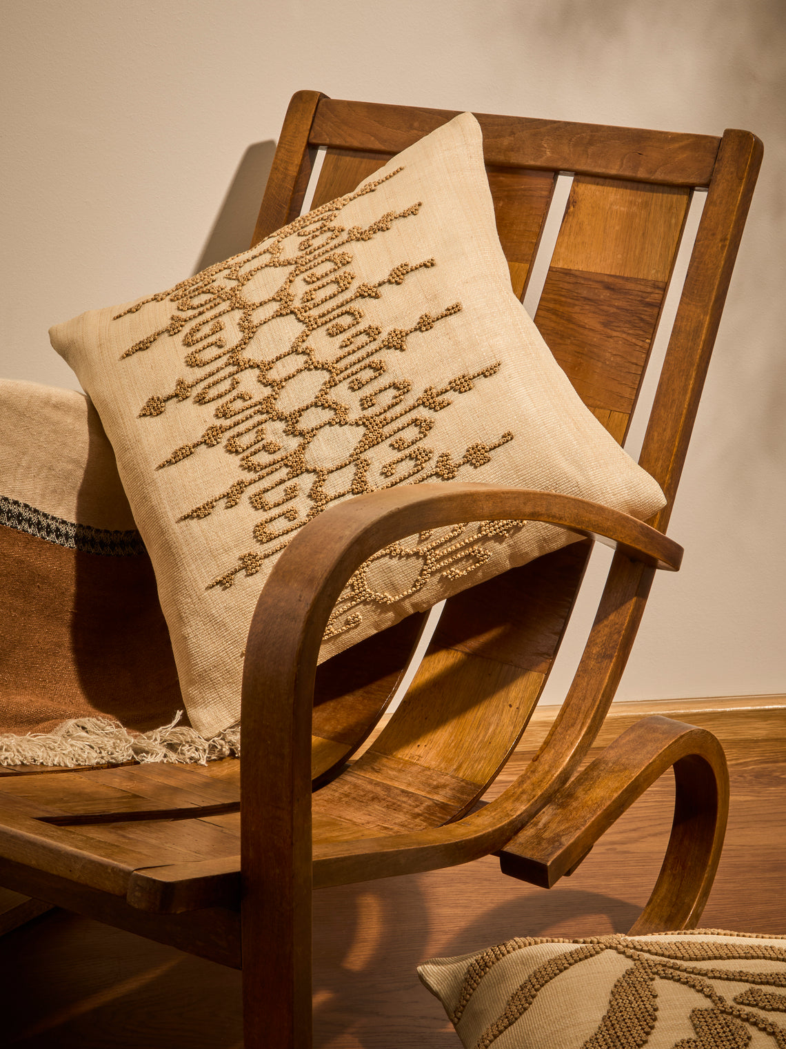 Kubo Curated - Ikat Beaded T'nalak Cloth Cushion (17.5in/45cm) - Beige - ABASK