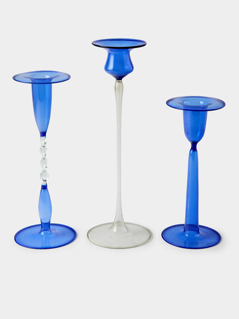 Antique and Vintage - Mid-Century Glass Candle Holders (Set of 3) - Blue - ABASK - 