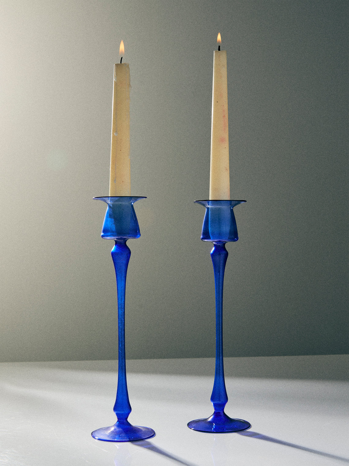 Antique and Vintage - Mid-Century Glass Candle Holders (Set of 2) - Blue - ABASK