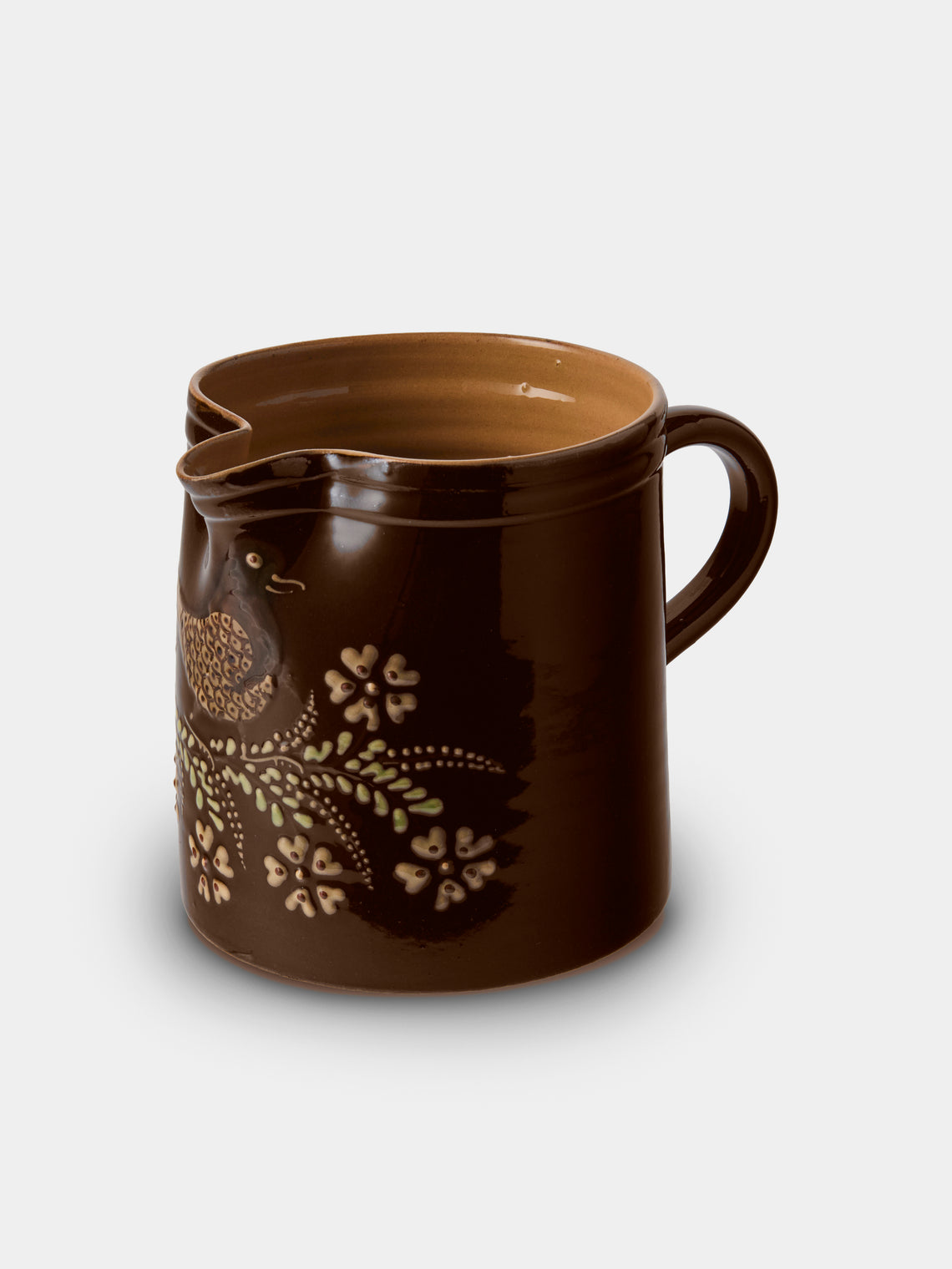 Poterie d’Évires - Birds Hand-Painted Ceramic Straight-Edge Medium Jug - Dark Brown - ABASK - 