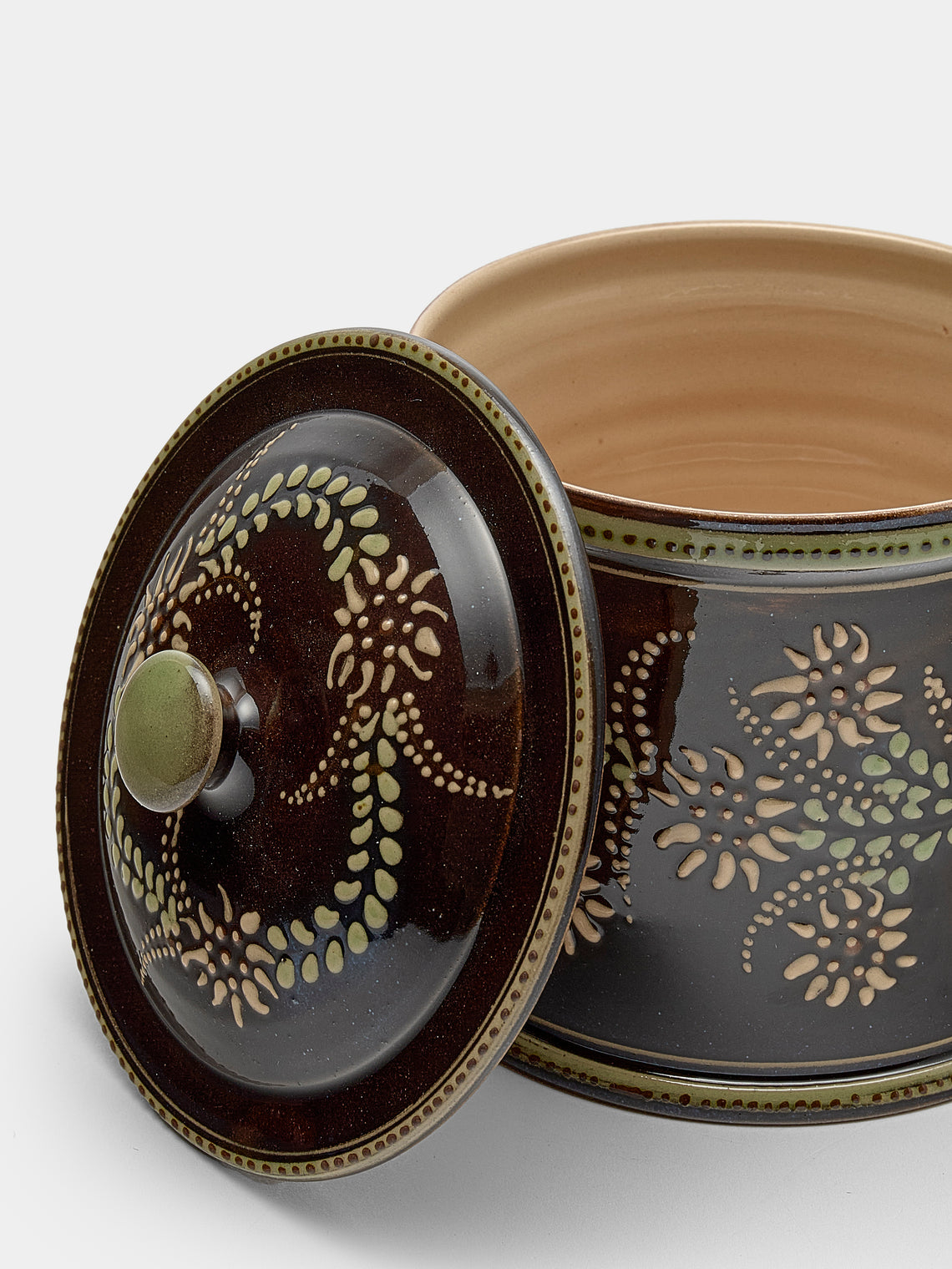 Poterie d’Évires - Flowers Hand-Painted Ceramic Medium Lidded Pot - Dark brown - ABASK