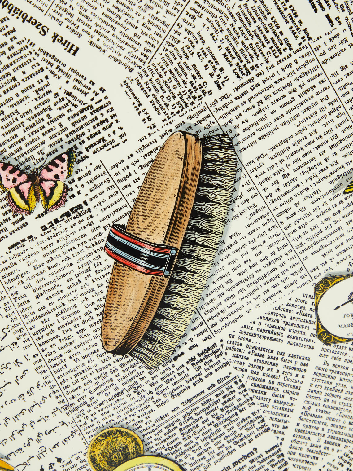 Fornasetti - Oggetti Sparsi su Giornale Hand-Painted Wood Tray -  - ABASK