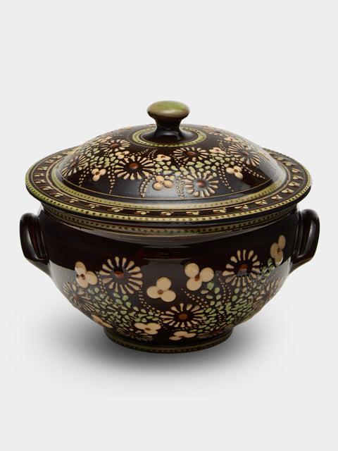 Poterie d’Évires - Flowers Hand-Painted Ceramic Lidded Vegetable Dish - Dark brown - ABASK - 