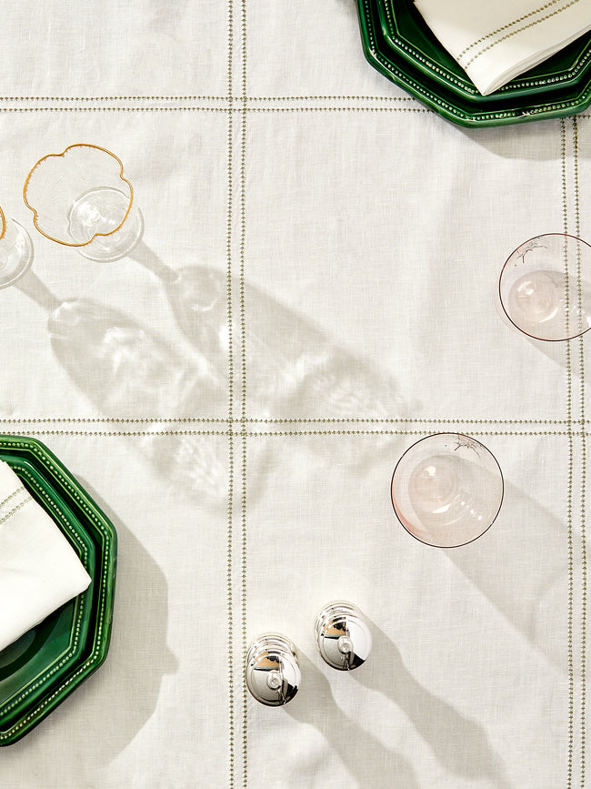Volga Linen - Botanical Double Hem-Stitch Linen Check Round Tablecloth (110in/2.8m) - White - ABASK