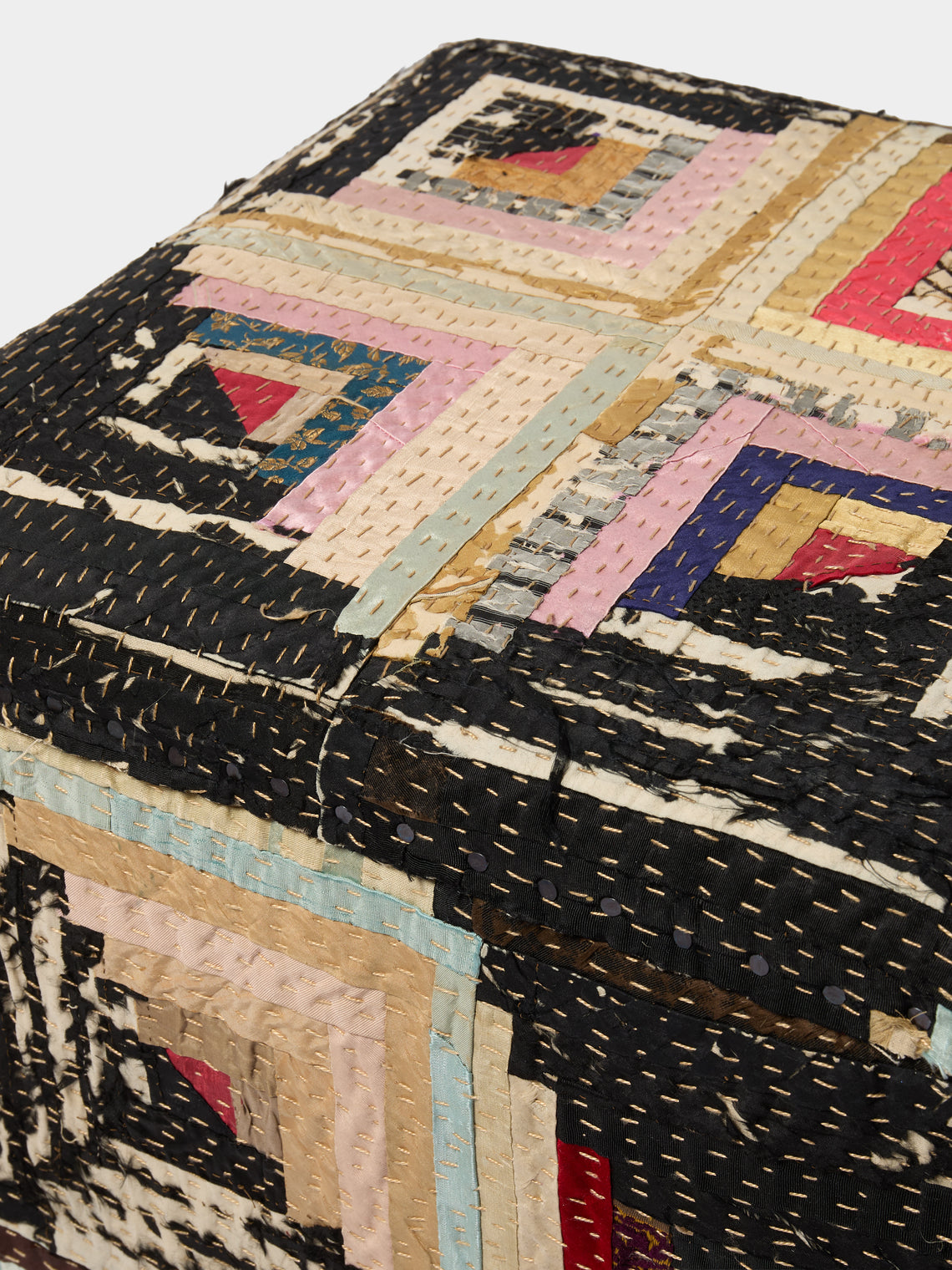 By Walid - Oak and Log Cabin Patchwork Storage Stool - Multiple - ABASK