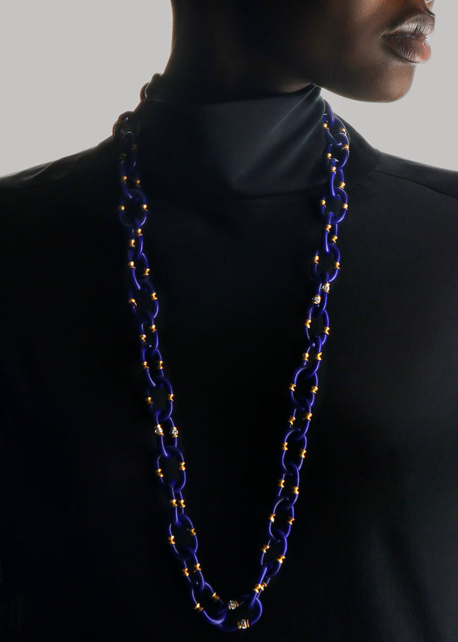 Mahnaz Collection - Vintage 1960s Archimede Seguso Murano Glass, Rhinestone and Gilt Brass Necklace - Blue - ABASK