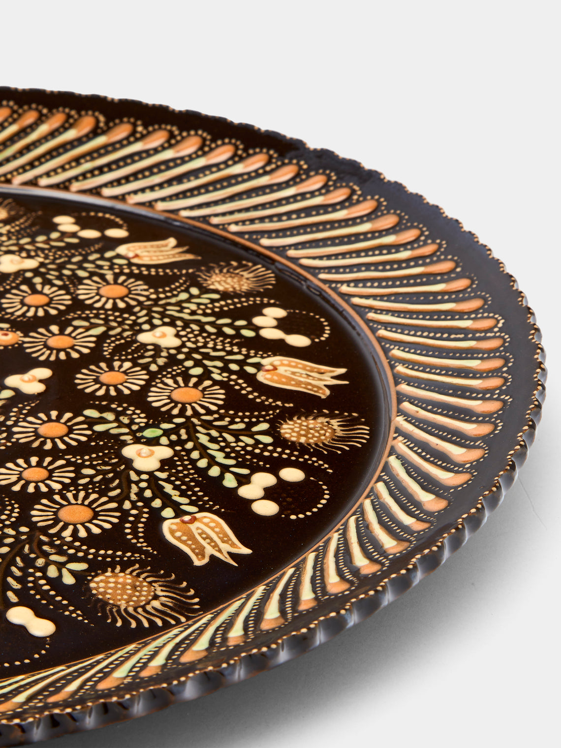 Poterie d’Évires - Birds Hand-Painted Ceramic Large Round Platter - Dark brown - ABASK