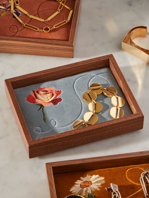 Uncommon Ancestor - Floriography Rose Embroidered Velvet Jewelry Tray (6.5in/17cm) - Light Blue - ABASK
