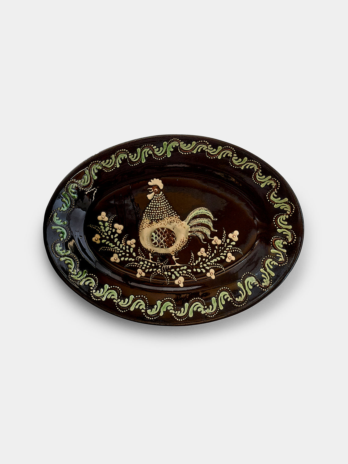 Poterie d’Évires - Chickens Hand-Painted Ceramic Oval Platter - Dark brown - ABASK - 