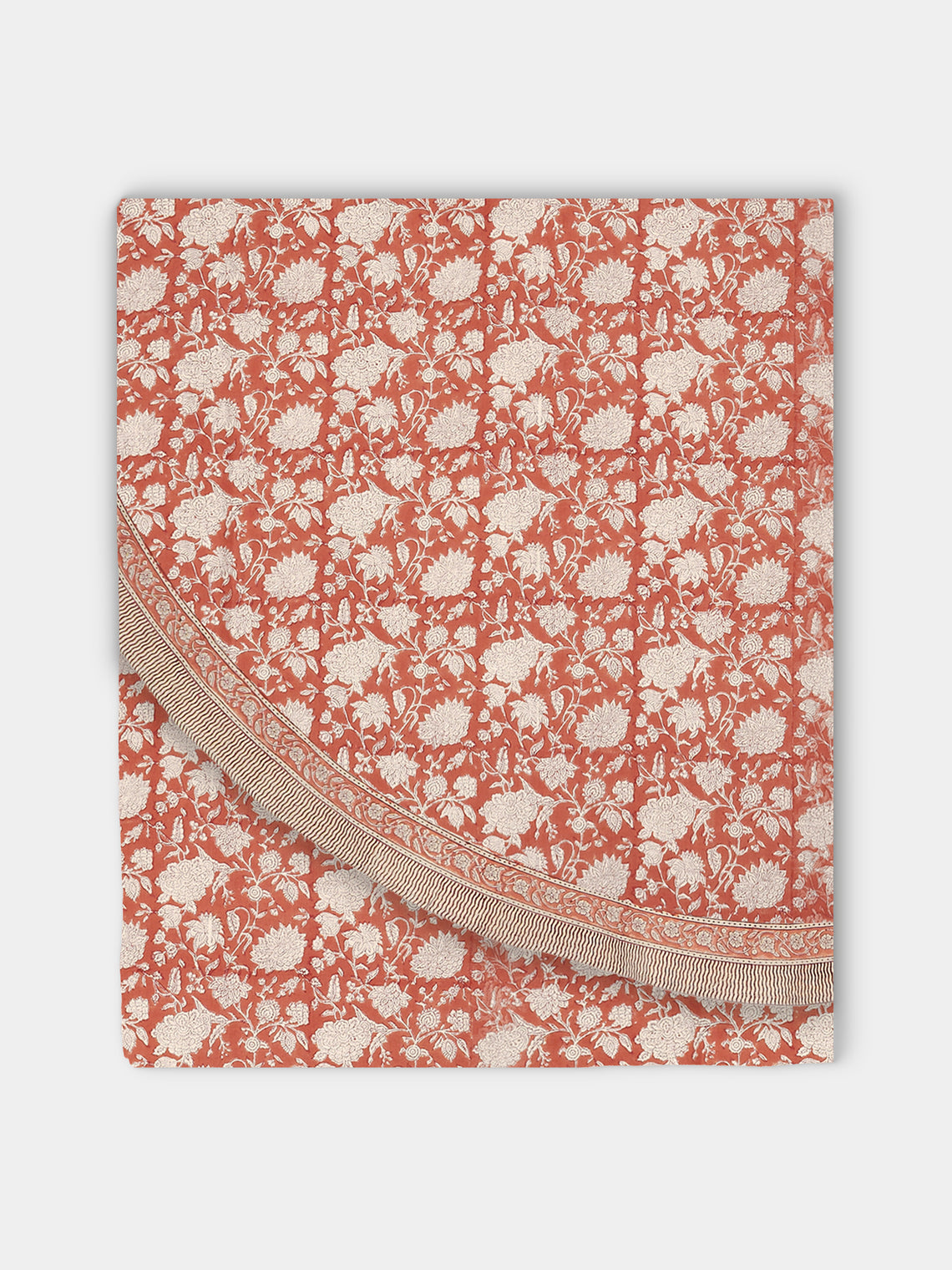 Chamois - Parrot Block-Printed Linen Round Tablecloth (86.5in/2.2m) - Red - ABASK