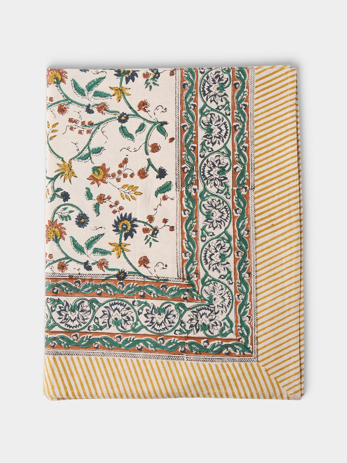 Chamois - Samode Block-Printed Cotton Rectangular Tablecloth (106in/2.7m) - Yellow - ABASK - 