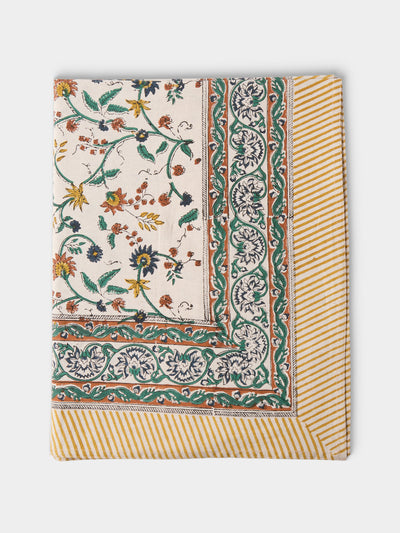 Chamois - Samode Block-Printed Cotton Rectangular Tablecloth (106in/2.7m) - Yellow - ABASK - 