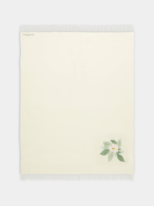 Loretta Caponi - Camellia Hand-Embroidered Wool Blanket (63in/1.6m) - Cream - ABASK - 