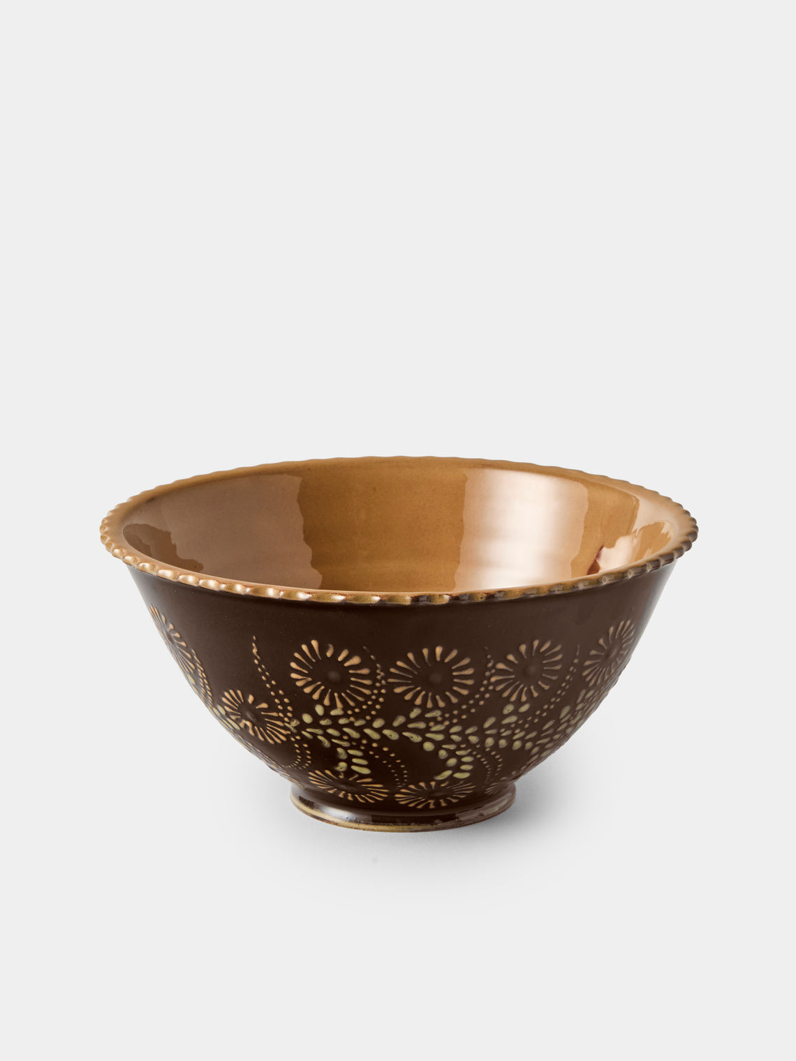 Poterie d’Évires - Flowers Hand-Painted Ceramic Fluted Bowls (Set of 4) - Dark Brown - ABASK