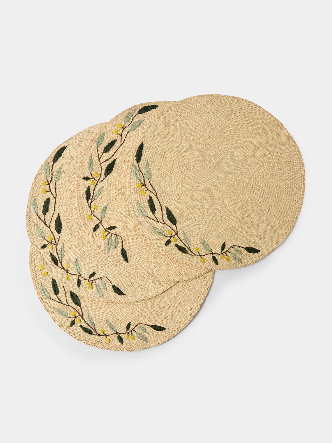 CasaLatina - Embroidered Leaf Handwoven Iraca Palm Placemats (Set of 4) - Cream - ABASK