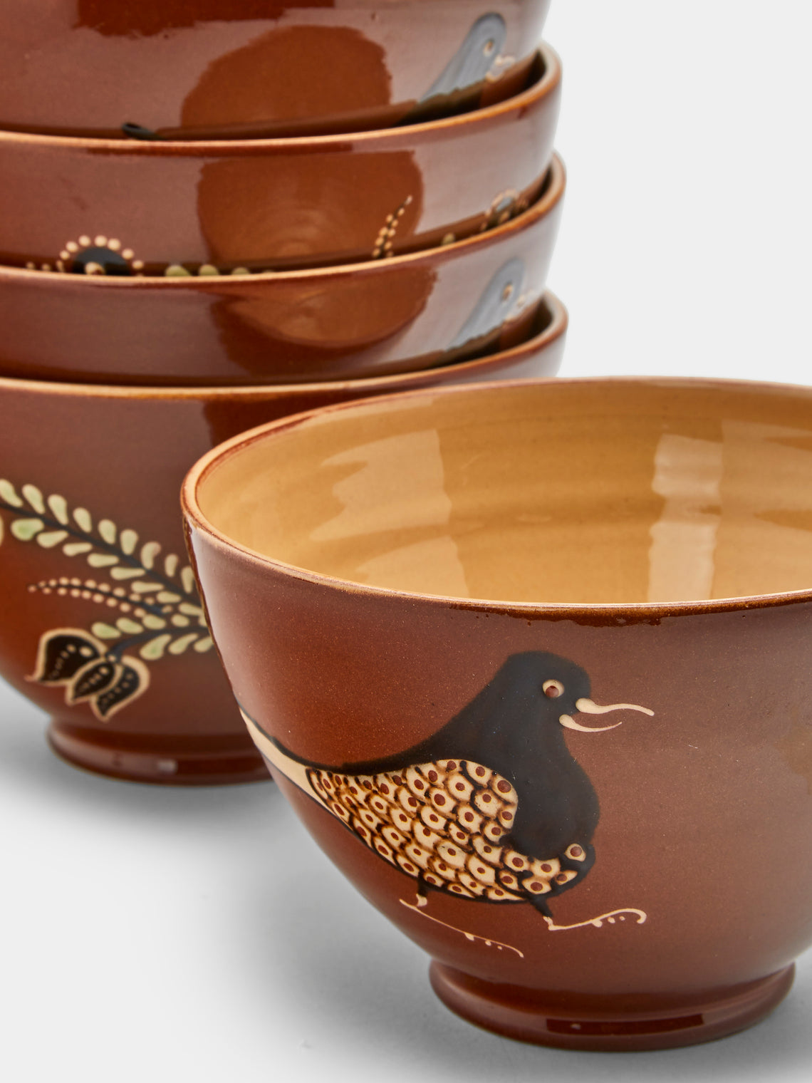 Poterie d’Évires - Flowers and Birds Hand-Painted Ceramic Bowls (Set of 6) - Light brown - ABASK