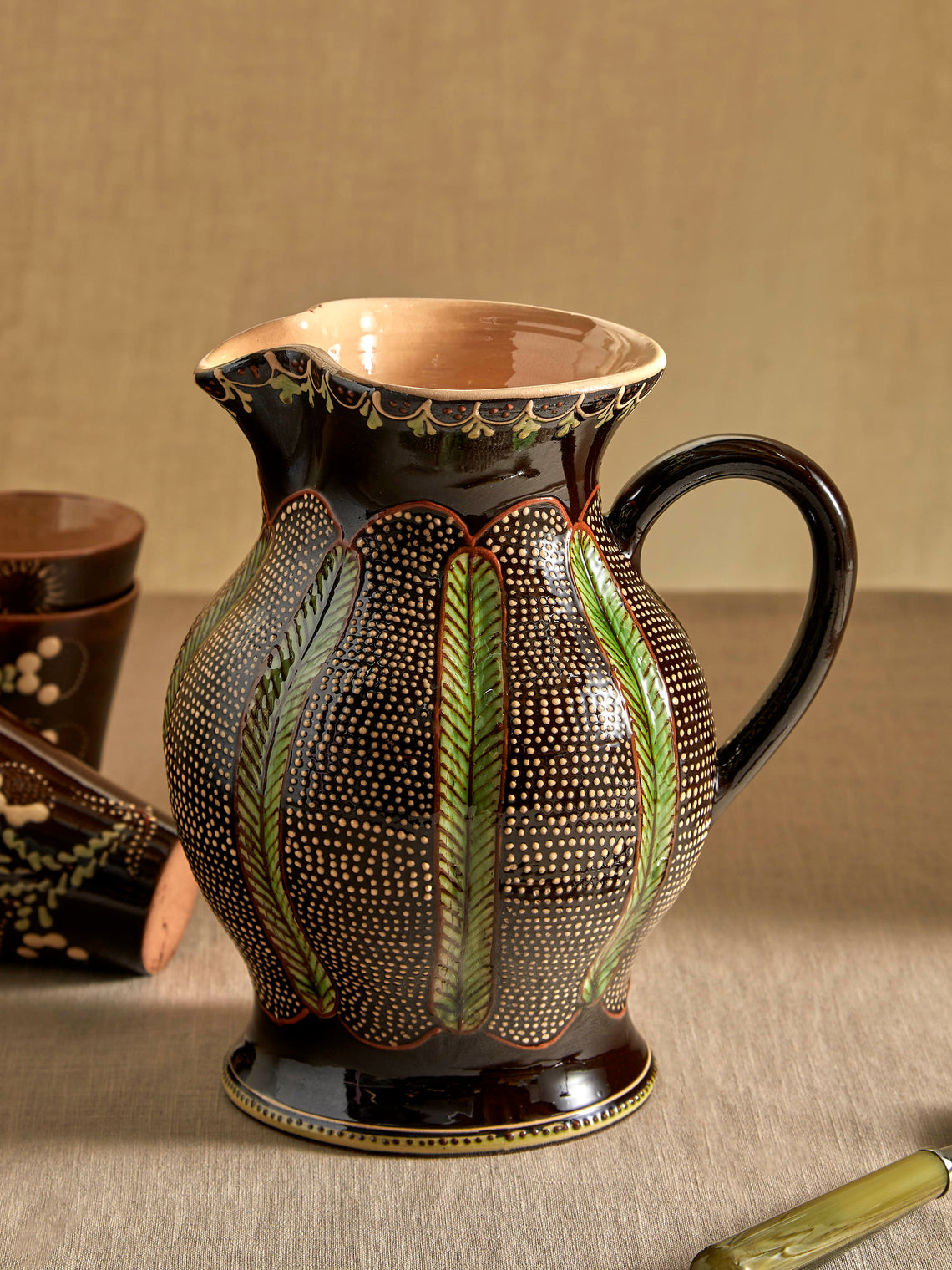 Poterie d’Évires - Dots Hand-Painted Ceramic Large Round Jug - Dark brown - ABASK