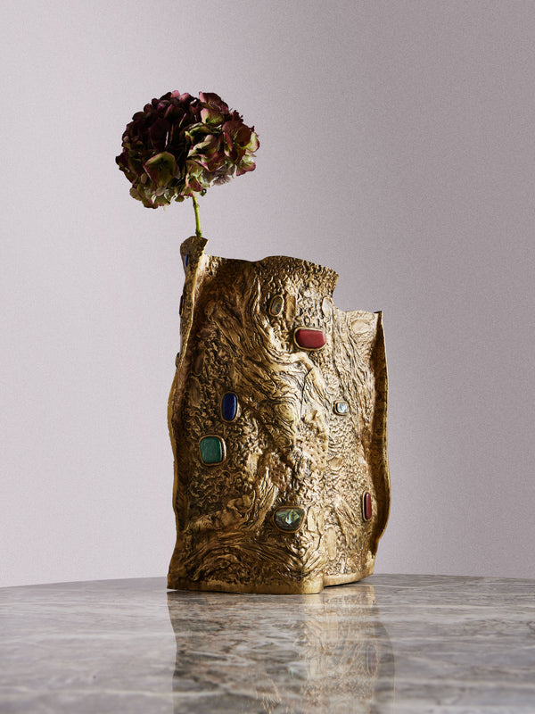 Viya - Tutti Frutti Brass and Semi-Precious Stone Vase -  - ABASK
