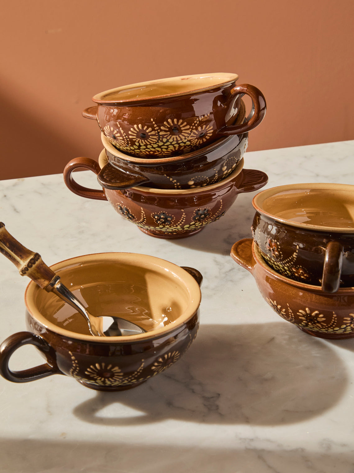 Poterie d’Évires - Flowers Hand-Painted Ceramic Mini Soup Bowls (Set of 6) - Light brown - ABASK