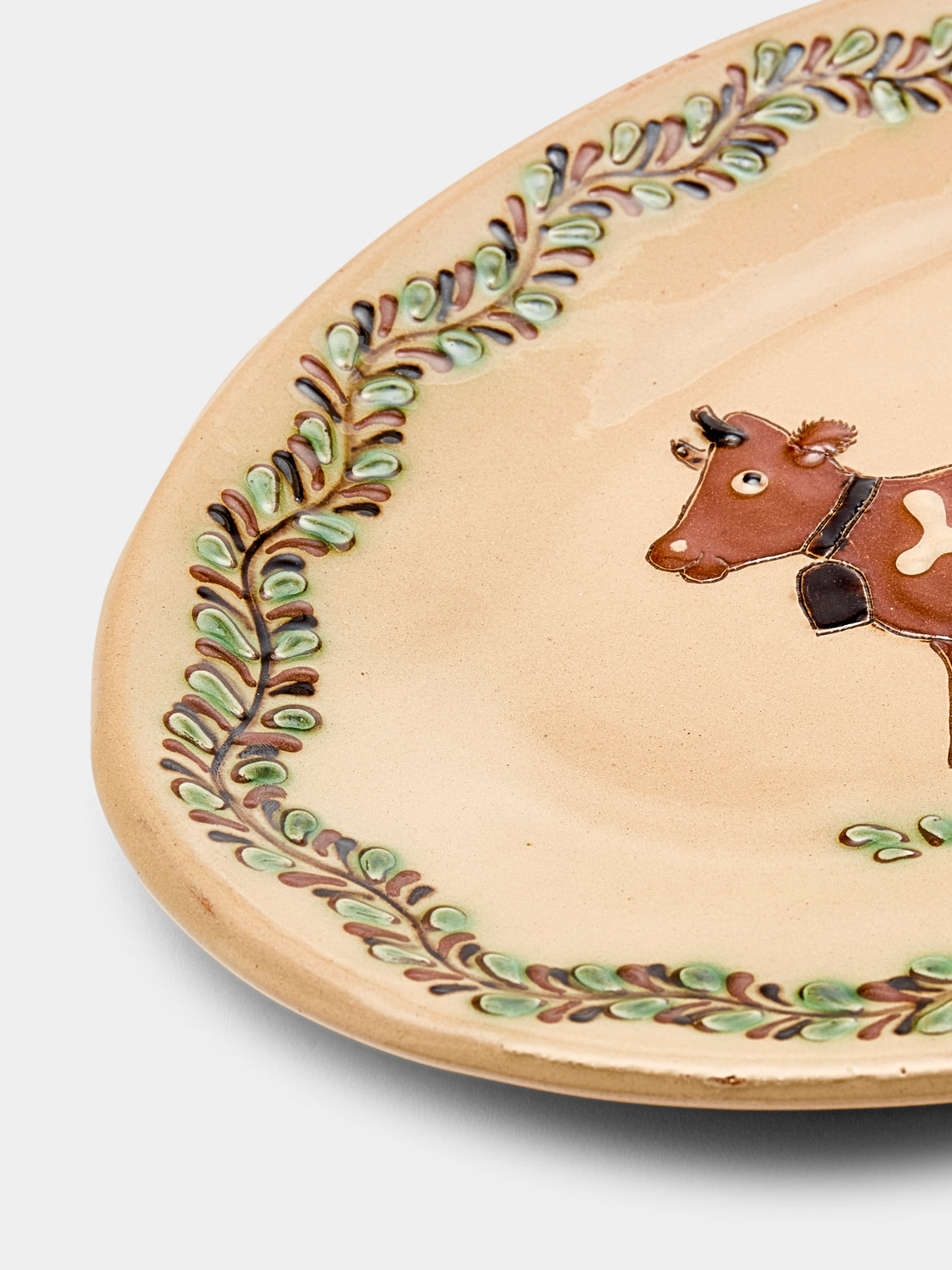 Poterie d’Évires - Cows Hand-Painted Ceramic Small Oval Platter - Cream - ABASK