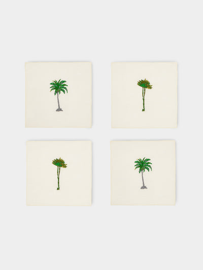 La Gallina Matta - Palm Embroidered Linen Cocktail Napkins (Set of 4) -  - ABASK - 