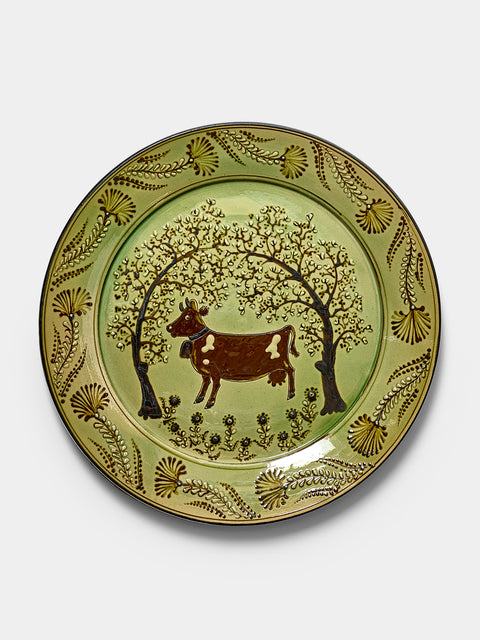 Poterie d’Évires - Cows Hand-Painted Ceramic Round Platter - Green - ABASK - 