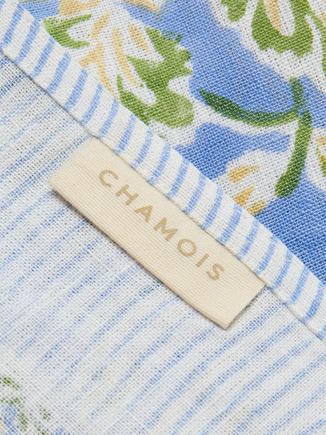 Chamois - Dahlia Block-Printed Linen Rectangular Tablecloth (90.5in/2.3m) - Blue - ABASK