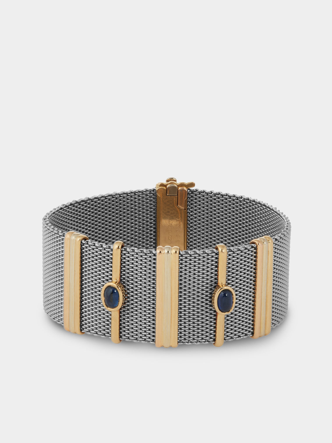 Mahnaz Collection - Vintage 1980 Cartier 18-Karat Yellow Gold, Sapphire and Stainless Steel Bracelet - Green - ABASK - 