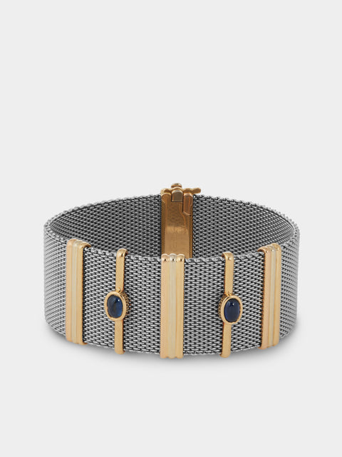 Mahnaz Collection - Vintage 1980 Cartier 18-Karat Yellow Gold, Sapphire and Stainless Steel Bracelet - Green - ABASK - 