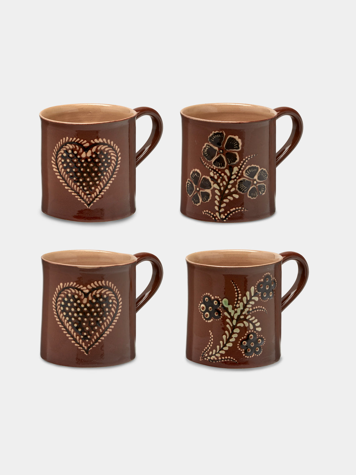 Poterie d’Évires - Flowers and Hearts Hand-Painted Ceramic Mugs (Set of 4) - Light brown - ABASK - 