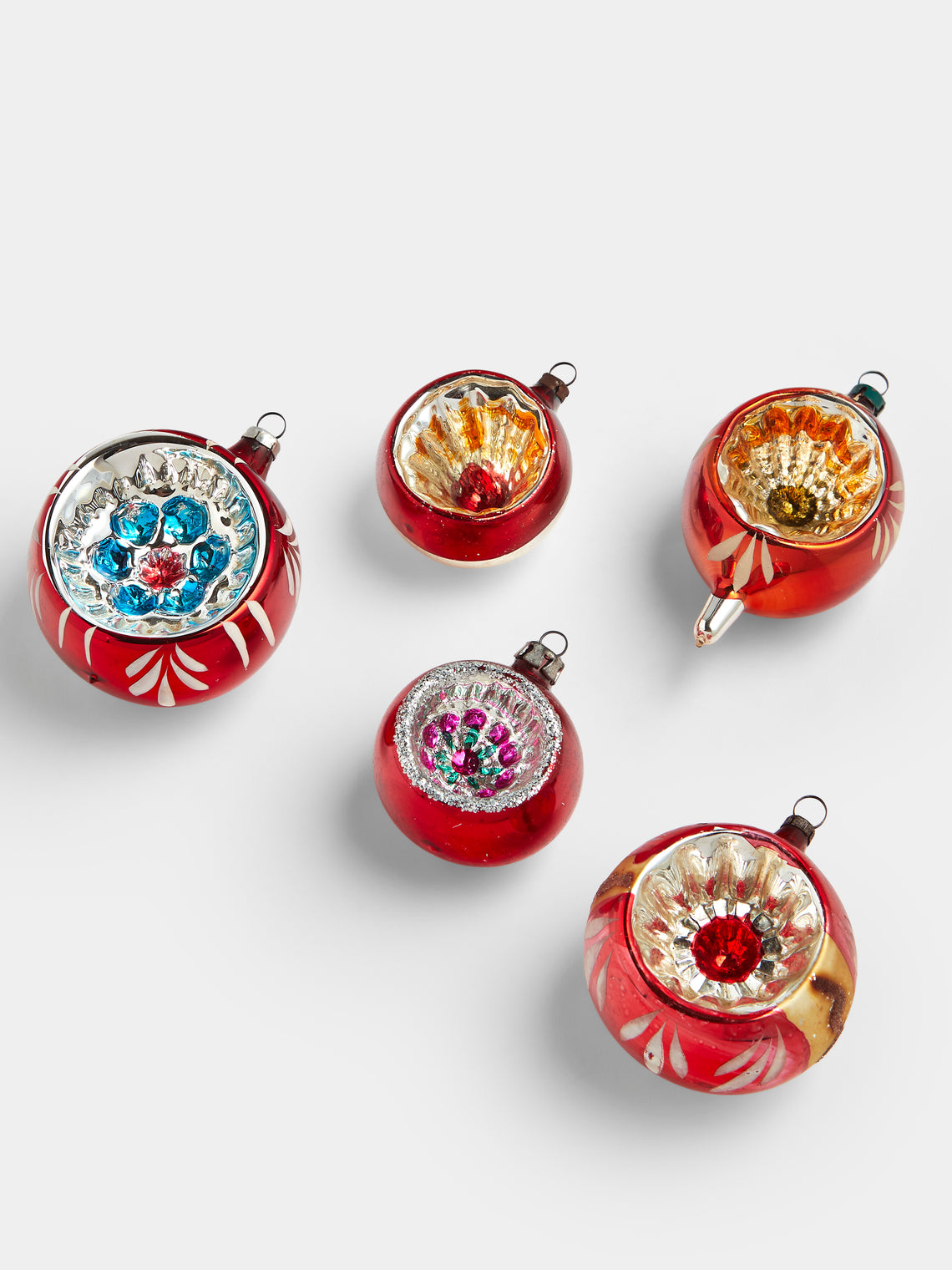 Antique and Vintage - Early-20th-Century Reflective Glass Baubles (Set of 5) - Red - ABASK