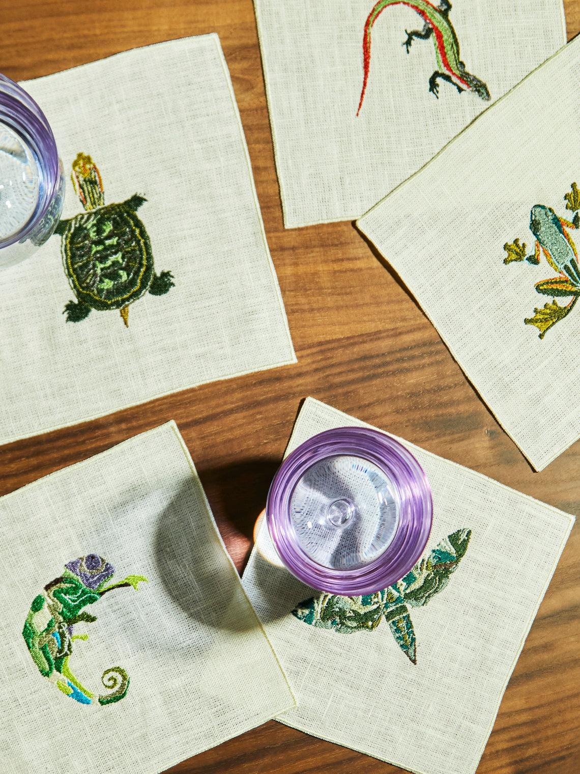 La Gallina Matta - Exotic Animals Embroidered Linen Cocktail Napkins (Set of 5) - Beige - ABASK