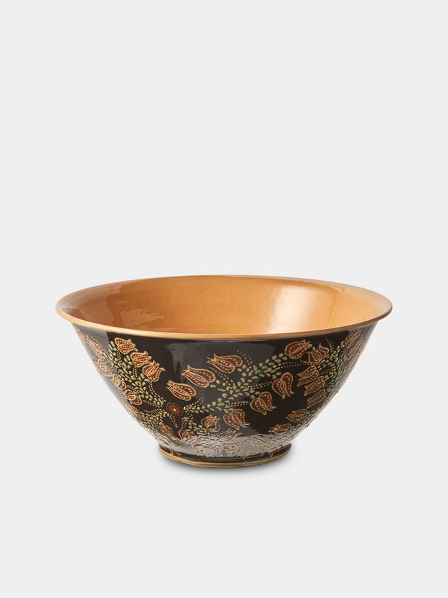 Poterie d’Évires - Flowers Hand-Painted Ceramic Grand Salad Bowl - Dark Brown - ABASK - 