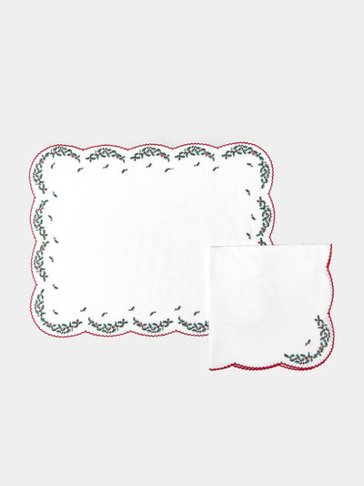 Loretta Caponi - Holly Hand-Embroidered Linen Placemats and Napkins (Set of 2) -  - ABASK - 