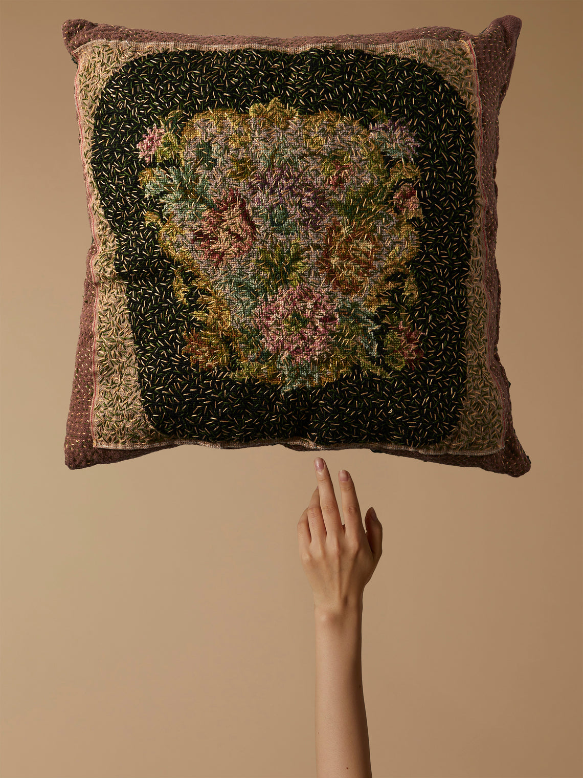 By Walid - 19th-Century Victorian Needlepoint Patchwork Wool and Cotton Cushion - Multiple - ABASK