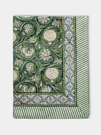 Chamois - Tangier Pomegranate Block-Printed Cotton Rectangular Tablecloth - Green - ABASK - 