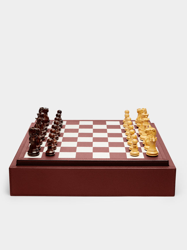 Giobagnara - Leather Triple Checkers, Chess and Dominoes Compendium - Burgundy - ABASK - 