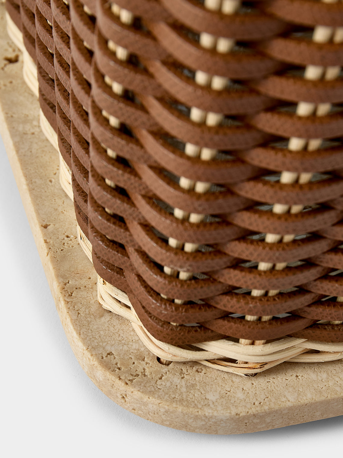 Pigment France - Albi Leather, Rattan and Travertine Wastepaper Basket - Brown - ABASK