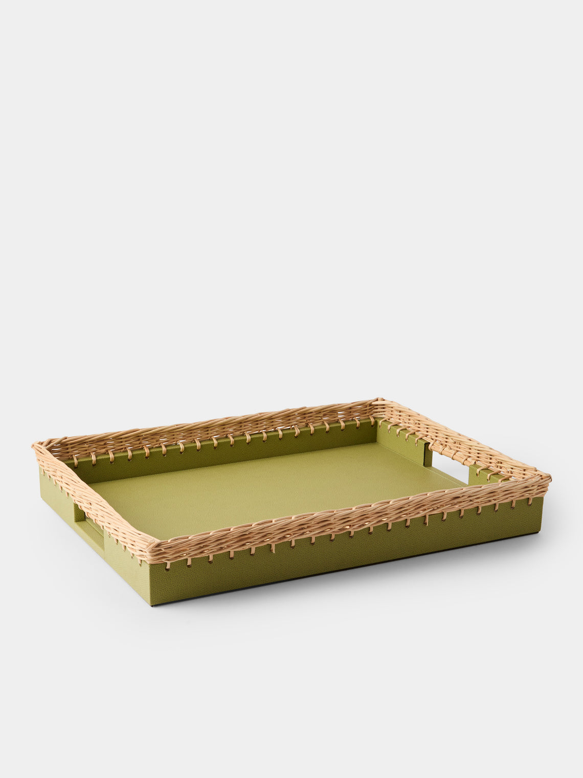 Pigment France - Giverny Leather and Rattan Tray (19in/49cm) - Green - ABASK